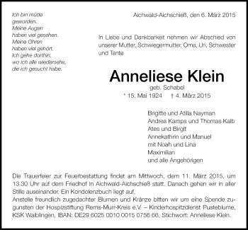 Traueranzeige von Anneliese Klein von Eßlinger Zeitung/Cannstatter Zeitung