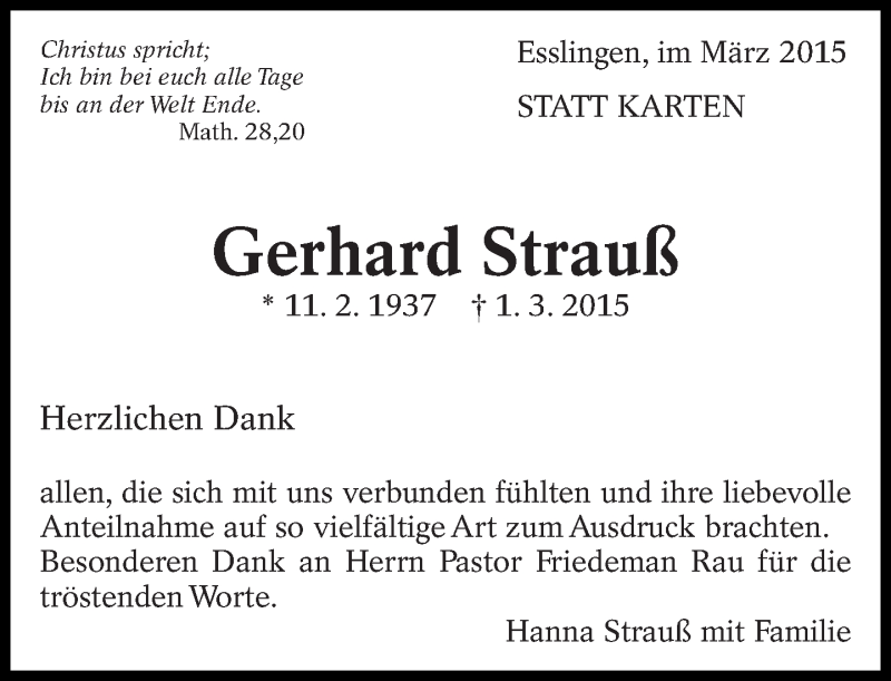  Traueranzeige für Gerhard Strauß vom 14.03.2015 aus Eßlinger Zeitung/Cannstatter Zeitung