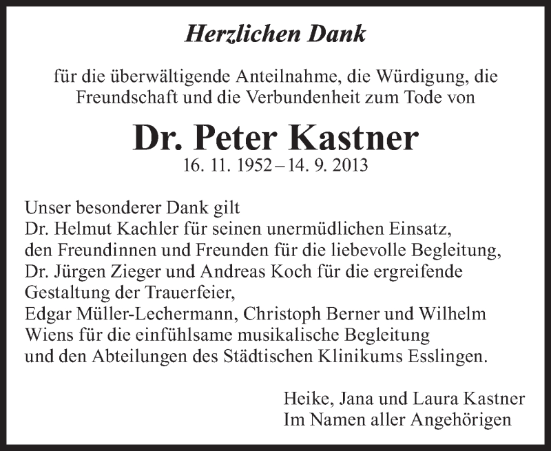  Traueranzeige für Peter Kastner vom 22.10.2013 aus Eßlinger Zeitung/Cannstatter Zeitung