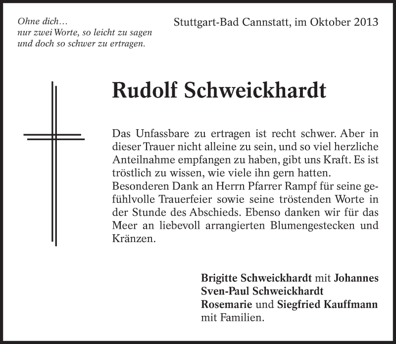 Traueranzeige für Rudolf Schweickhardt vom 30.10.2013 aus Eßlinger Zeitung/Cannstatter Zeitung
