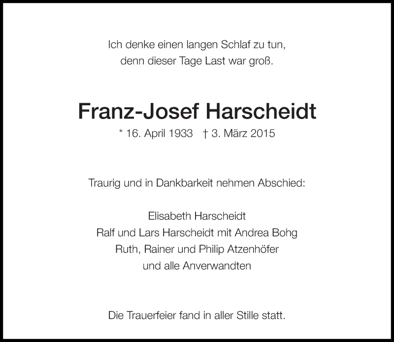  Traueranzeige für Franz-Josef Harscheidt vom 14.03.2015 aus Eßlinger Zeitung/Cannstatter Zeitung