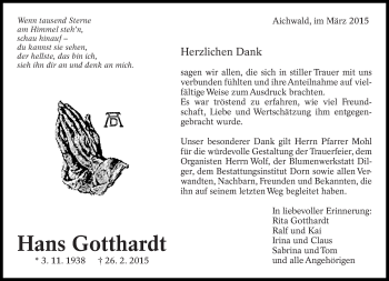 Traueranzeige von Hans Gotthardt von Eßlinger Zeitung/Cannstatter Zeitung