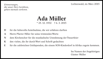 Traueranzeige von Ada Müller von Eßlinger Zeitung/Cannstatter Zeitung