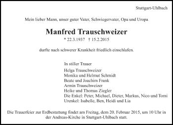 Traueranzeige von Manfred Trauschweizer von Eßlinger Zeitung/Cannstatter Zeitung
