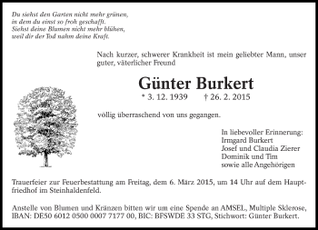 Traueranzeige von Günter Burkert von Eßlinger Zeitung/Cannstatter Zeitung