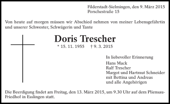 Traueranzeige von Doris Trescher von Eßlinger Zeitung/Cannstatter Zeitung