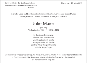 Traueranzeige von Julie Maier von Eßlinger Zeitung/Cannstatter Zeitung