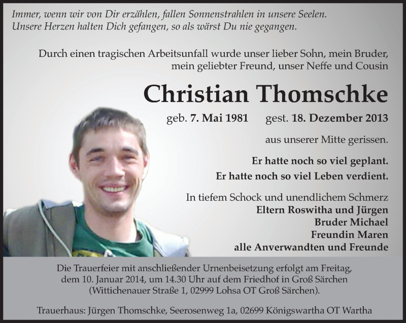  Traueranzeige für Christian Thomschke vom 28.12.2013 aus Eßlinger Zeitung/Cannstatter Zeitung
