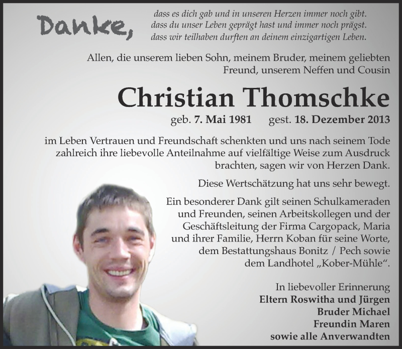  Traueranzeige für Christian Thomschke vom 18.01.2014 aus Eßlinger Zeitung/Cannstatter Zeitung