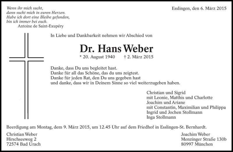  Traueranzeige für Hans Weber vom 06.03.2015 aus Eßlinger Zeitung/Cannstatter Zeitung