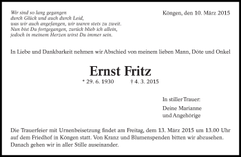 Traueranzeige von Ernst Fritz von Eßlinger Zeitung/Cannstatter Zeitung