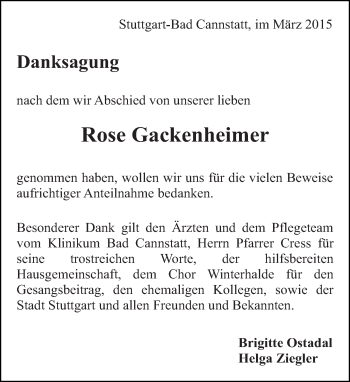 Traueranzeige von Rose Gackenheimer von Eßlinger Zeitung/Cannstatter Zeitung