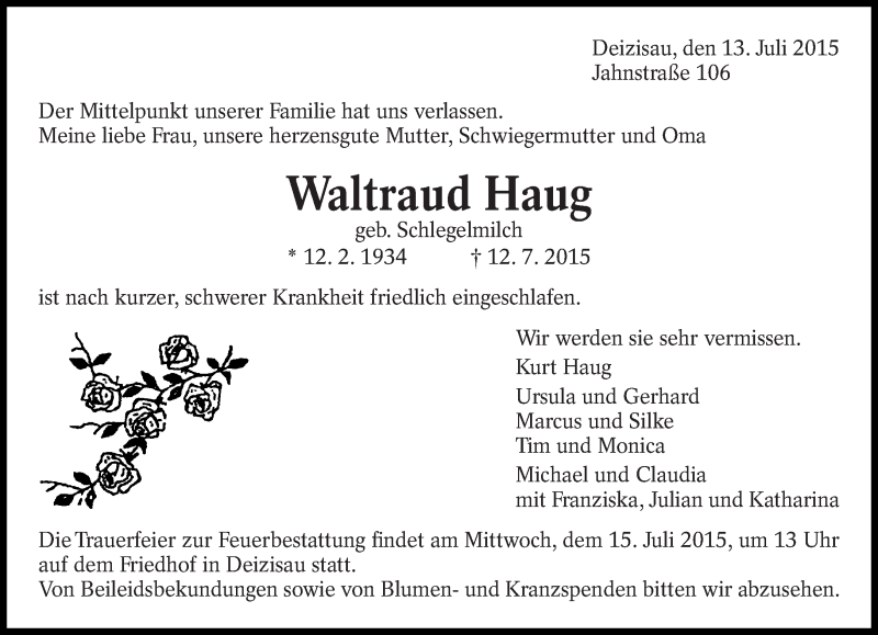  Traueranzeige für Waltraud Haug vom 13.07.2015 aus Eßlinger Zeitung/Cannstatter Zeitung