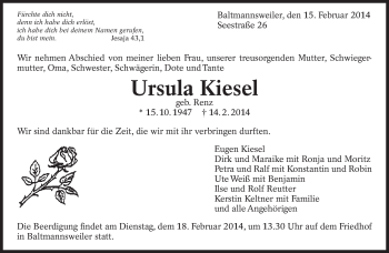 Traueranzeige von Ursula Kiesel von Eßlinger Zeitung/Cannstatter Zeitung