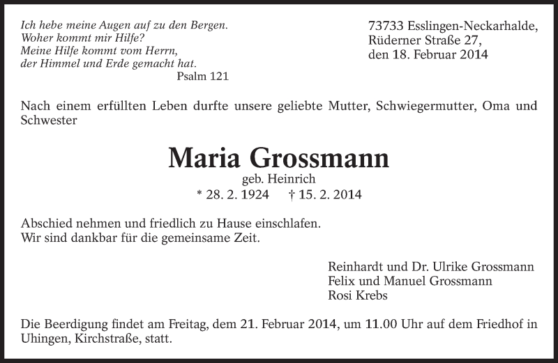  Traueranzeige für Maria Grossmann vom 18.02.2014 aus Eßlinger Zeitung/Cannstatter Zeitung