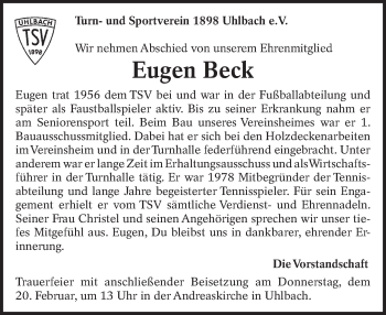 Traueranzeige von Eugen Beck von Eßlinger Zeitung/Cannstatter Zeitung