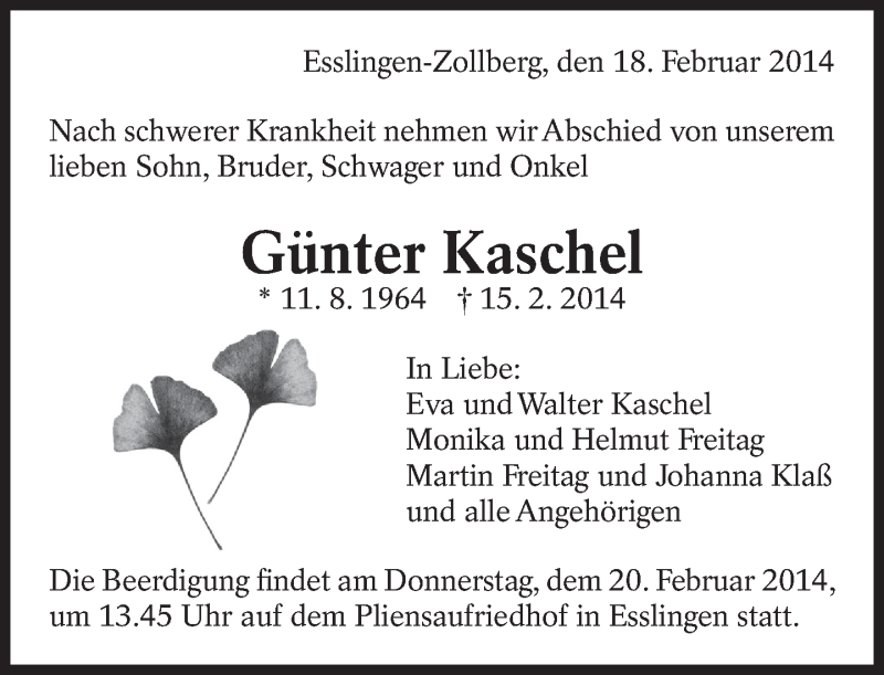  Traueranzeige für Gnter Kaschel vom 18.02.2014 aus Eßlinger Zeitung/Cannstatter Zeitung