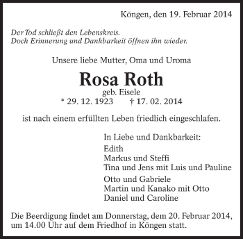 Traueranzeige von Rosa Roth von Eßlinger Zeitung/Cannstatter Zeitung