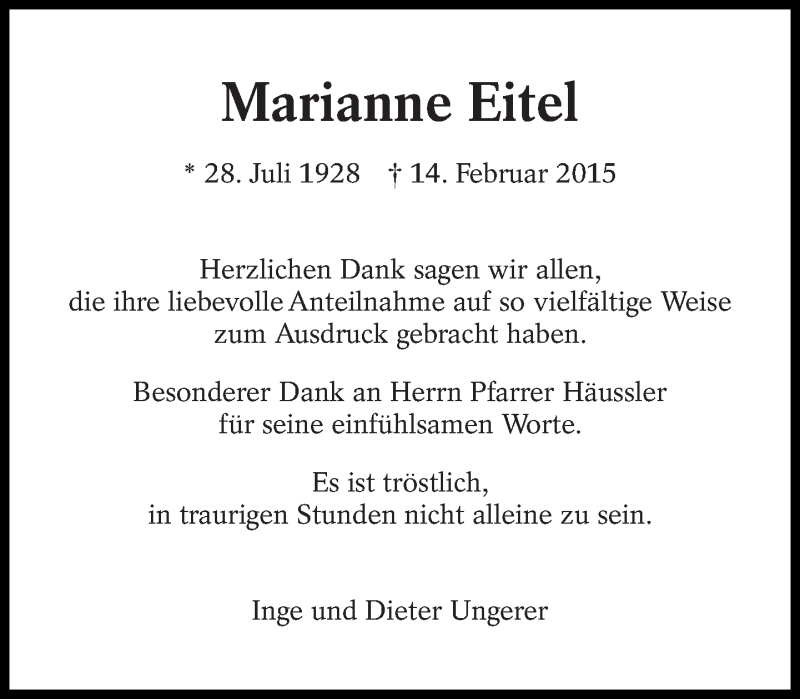  Traueranzeige für Marianne Eitel vom 28.03.2015 aus Eßlinger Zeitung/Cannstatter Zeitung