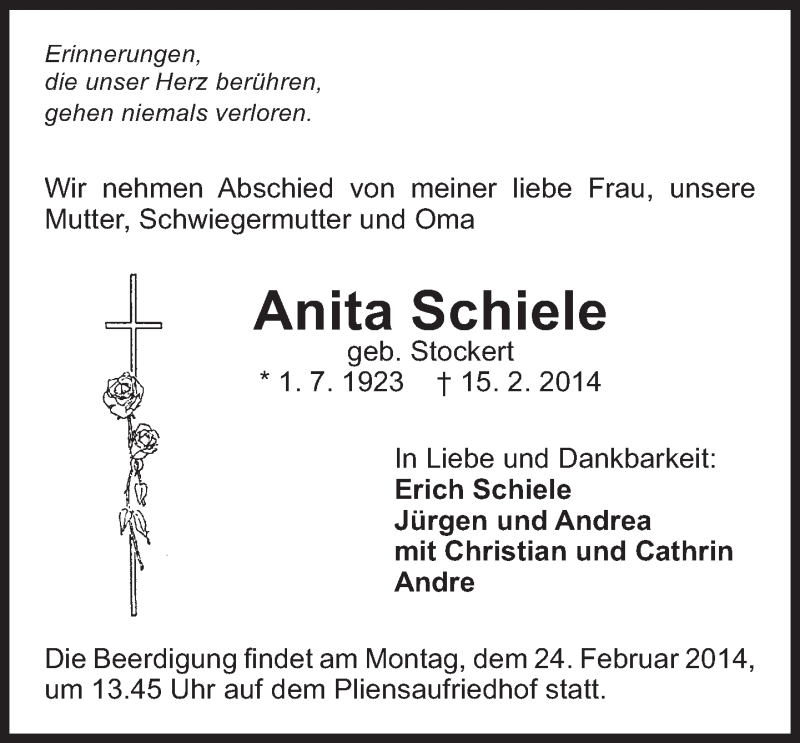  Traueranzeige für Anita Schiele vom 19.02.2014 aus Eßlinger Zeitung/Cannstatter Zeitung