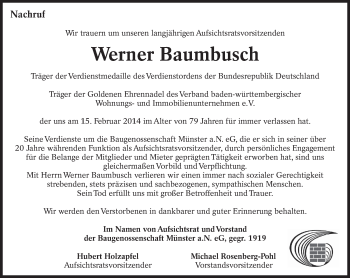 Traueranzeige von Werner Baumbusch von Eßlinger Zeitung/Cannstatter Zeitung