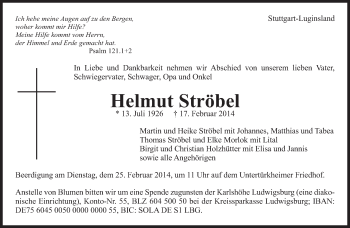 Traueranzeige von Helmut Ströbel von Eßlinger Zeitung/Cannstatter Zeitung