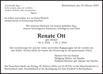 Traueranzeige von Renate Ott von Eßlinger Zeitung/Cannstatter Zeitung