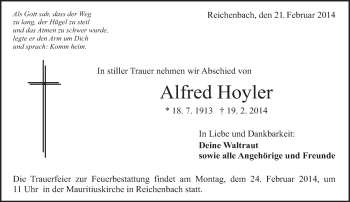 Traueranzeige von Alfred Hoyler von Eßlinger Zeitung/Cannstatter Zeitung