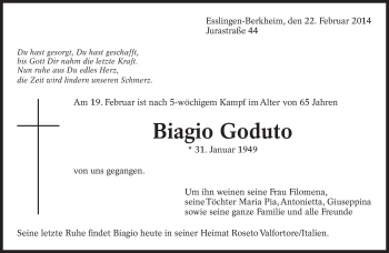 Traueranzeige von Biagio Goduto von Eßlinger Zeitung/Cannstatter Zeitung