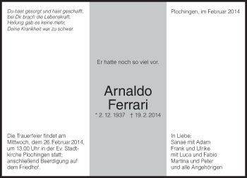 Traueranzeige von Arnaldo Ferrari von Eßlinger Zeitung/Cannstatter Zeitung