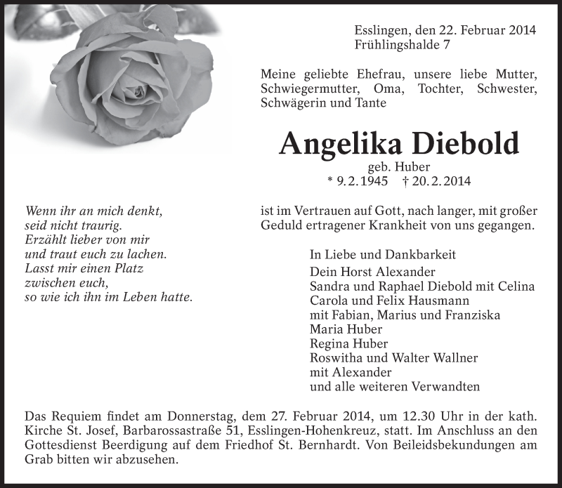  Traueranzeige für Angelika Diebold vom 22.02.2014 aus Eßlinger Zeitung/Cannstatter Zeitung