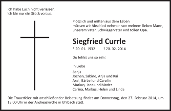 Traueranzeige von Siegfried Currle von Eßlinger Zeitung/Cannstatter Zeitung