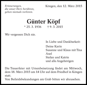 Traueranzeige von Günter Köpf von Eßlinger Zeitung/Cannstatter Zeitung