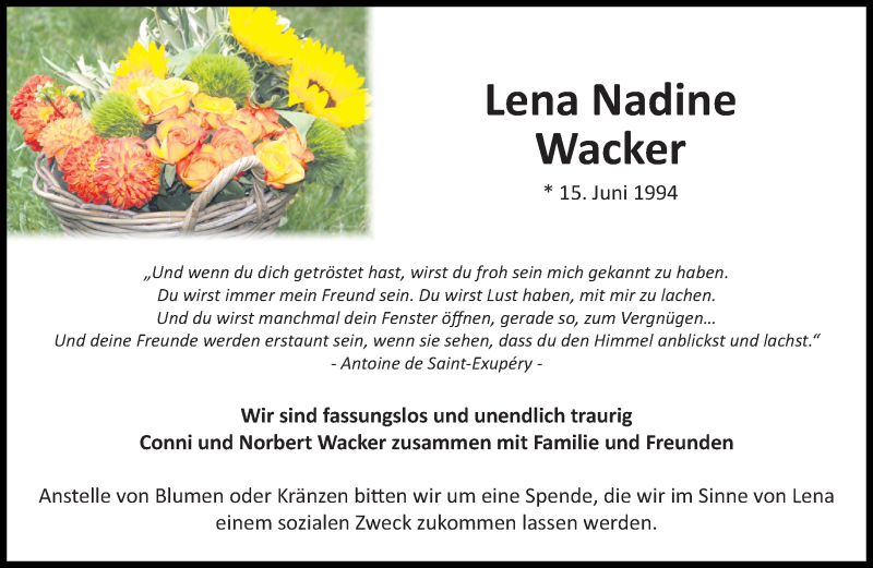 Traueranzeige für Lena Nadine Wacker vom 15.09.2015 aus Eßlinger Zeitung/Cannstatter Zeitung