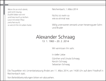 Traueranzeige von Alexander Schraag von Eßlinger Zeitung/Cannstatter Zeitung