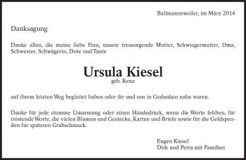 Traueranzeige von Ursula Kiesel von Eßlinger Zeitung/Cannstatter Zeitung