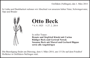 Traueranzeige von Otto Beck von Eßlinger Zeitung/Cannstatter Zeitung