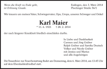 Traueranzeige von Karl Maier von Eßlinger Zeitung/Cannstatter Zeitung