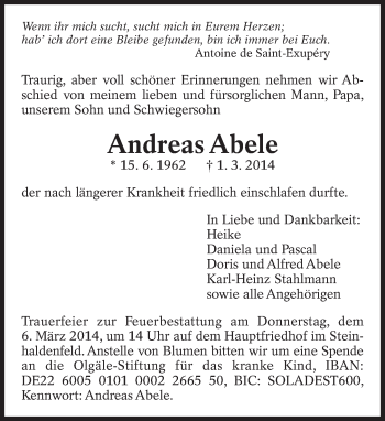 Traueranzeige von Andreas Abele von Eßlinger Zeitung/Cannstatter Zeitung