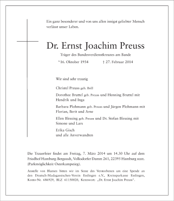Traueranzeige von Ernst Joachim Preuss von Eßlinger Zeitung/Cannstatter Zeitung