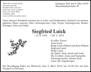 Traueranzeige von Siegfried Luick von Eßlinger Zeitung/Cannstatter Zeitung
