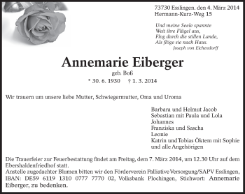 Traueranzeige von Annemarie Eiberger von Eßlinger Zeitung/Cannstatter Zeitung