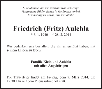Traueranzeige von Friedrich Fritz Aulehla von Eßlinger Zeitung/Cannstatter Zeitung