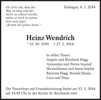 Traueranzeige von Heinz Wendrich von Eßlinger Zeitung/Cannstatter Zeitung