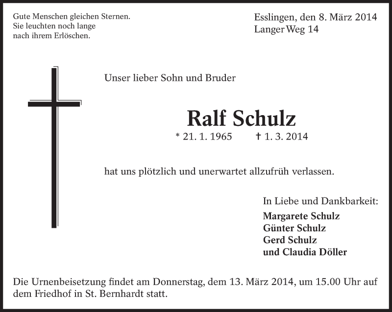  Traueranzeige für Ralf Schulz vom 08.03.2014 aus Eßlinger Zeitung/Cannstatter Zeitung