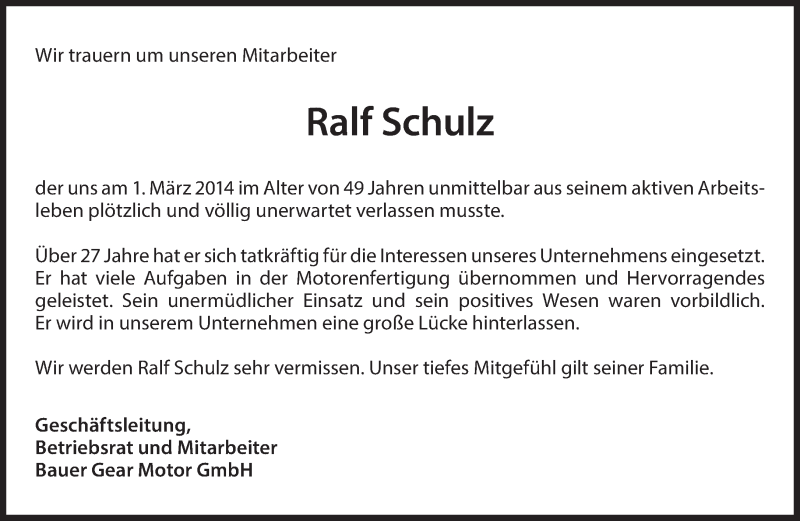  Traueranzeige für Ralf Schulz vom 08.03.2014 aus Eßlinger Zeitung/Cannstatter Zeitung