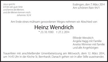 Traueranzeige von Heinz Wendrich von Eßlinger Zeitung/Cannstatter Zeitung