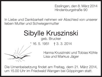 Traueranzeige von Sibylle Kruszinski von Eßlinger Zeitung/Cannstatter Zeitung
