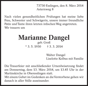Traueranzeige von Marianne Dangel von Eßlinger Zeitung/Cannstatter Zeitung