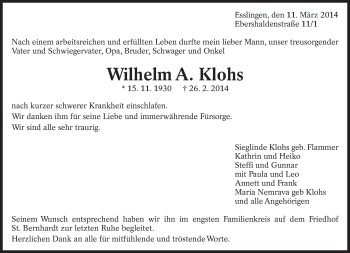 Traueranzeige von Wilhelm A. Klohs von Eßlinger Zeitung/Cannstatter Zeitung
